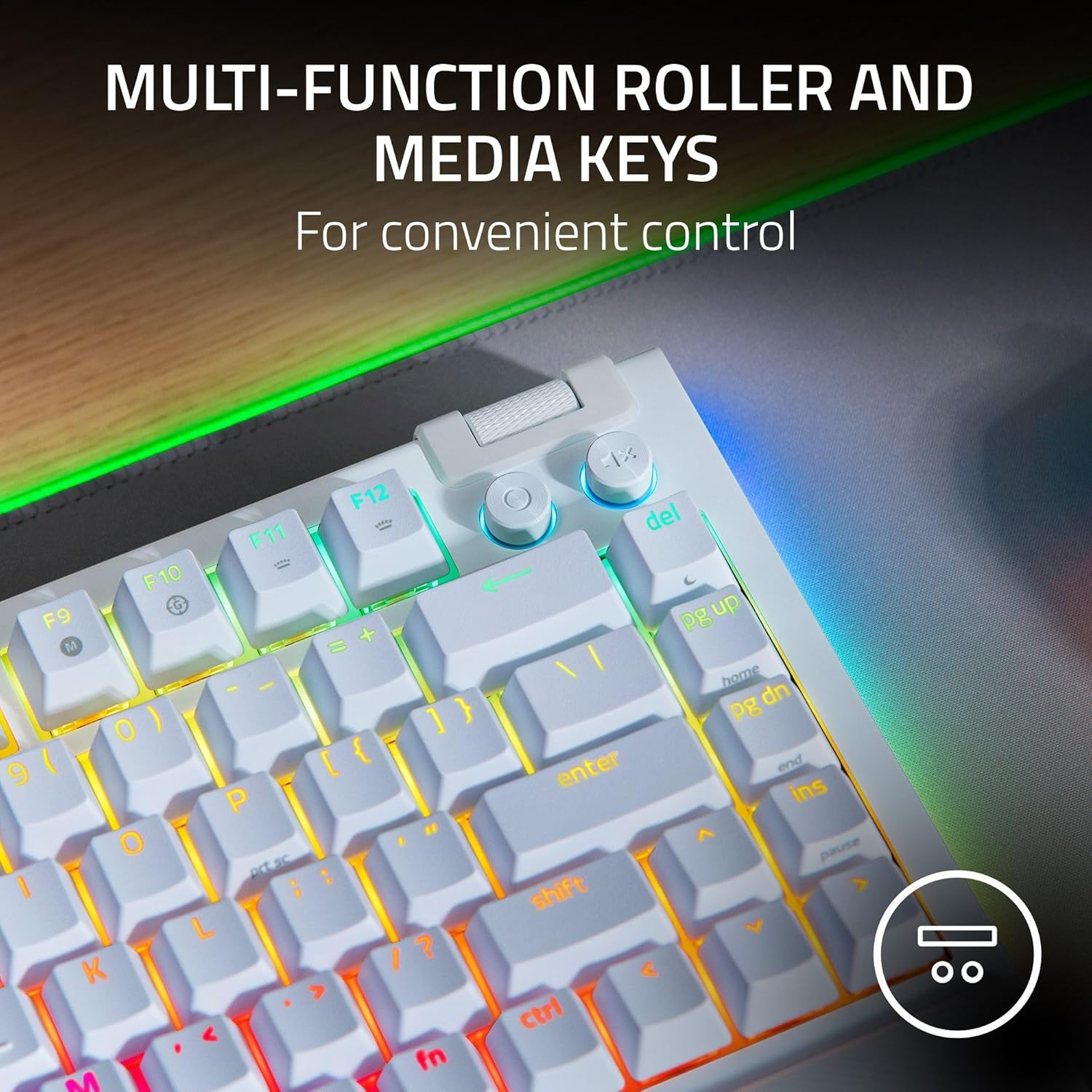 Razer BlackWidow V4 75% Mechanical Hot-swappable Compact & Durable Chroma MF Roller & Media Keys Wrist Rest Orange Tactile Switches - White Razer BlackWidow V4 75% Mechanical Hot-swappable Compact & Durable Chroma MF Roller & Media Keys Wrist Rest Orange Tactile Switches - White